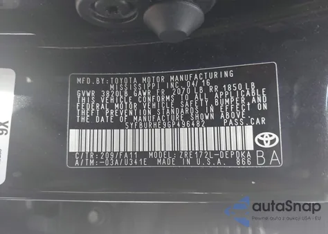 2016 Toyota Corolla L z USA, uszkodzony, nr VIN 5YFBURHE9GP496482